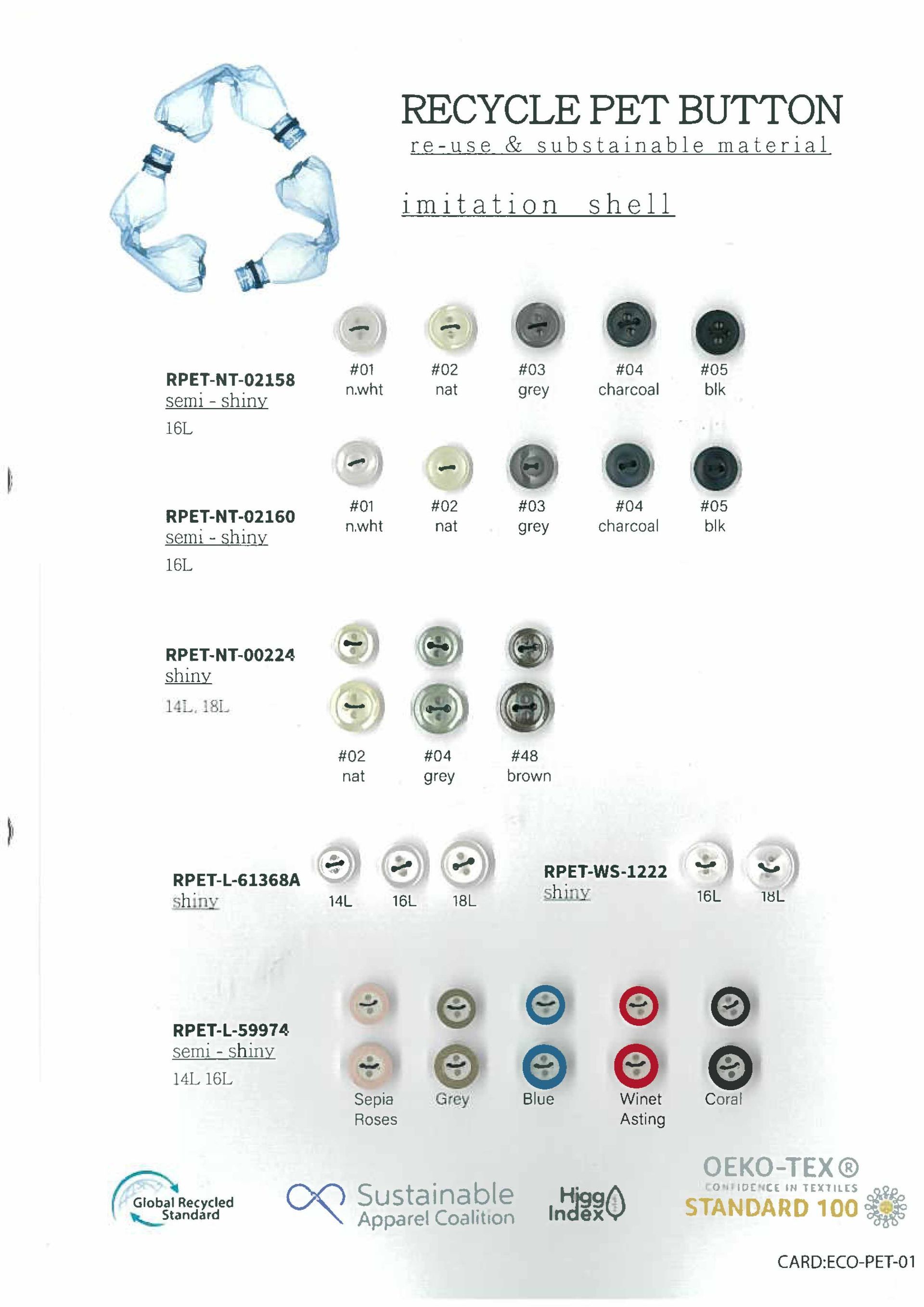 Recycle PET button material chart with sample buttons in white, gray, and black.