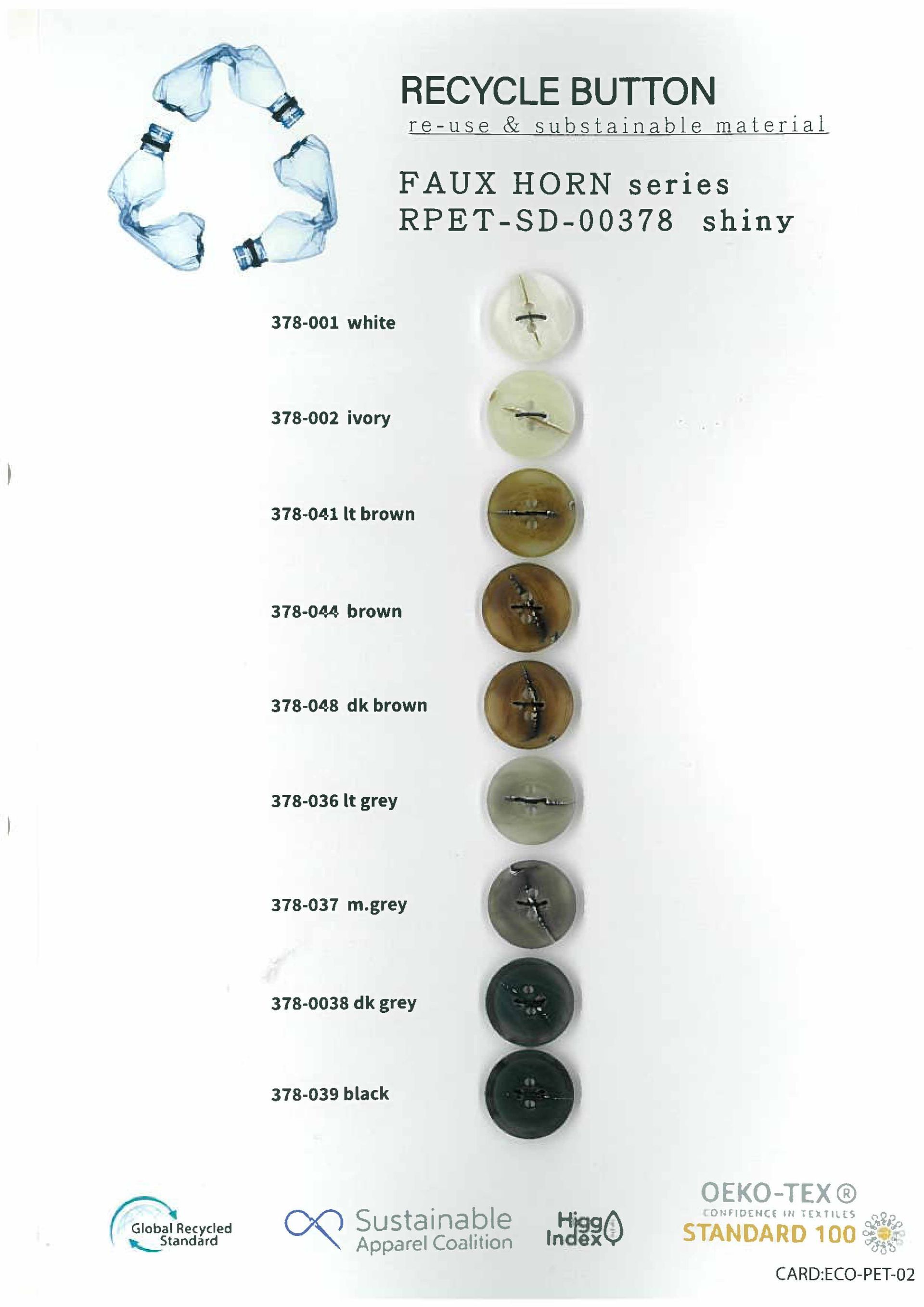Recycled button swatch chart with round buttons in beige, brown, gray, and black shades