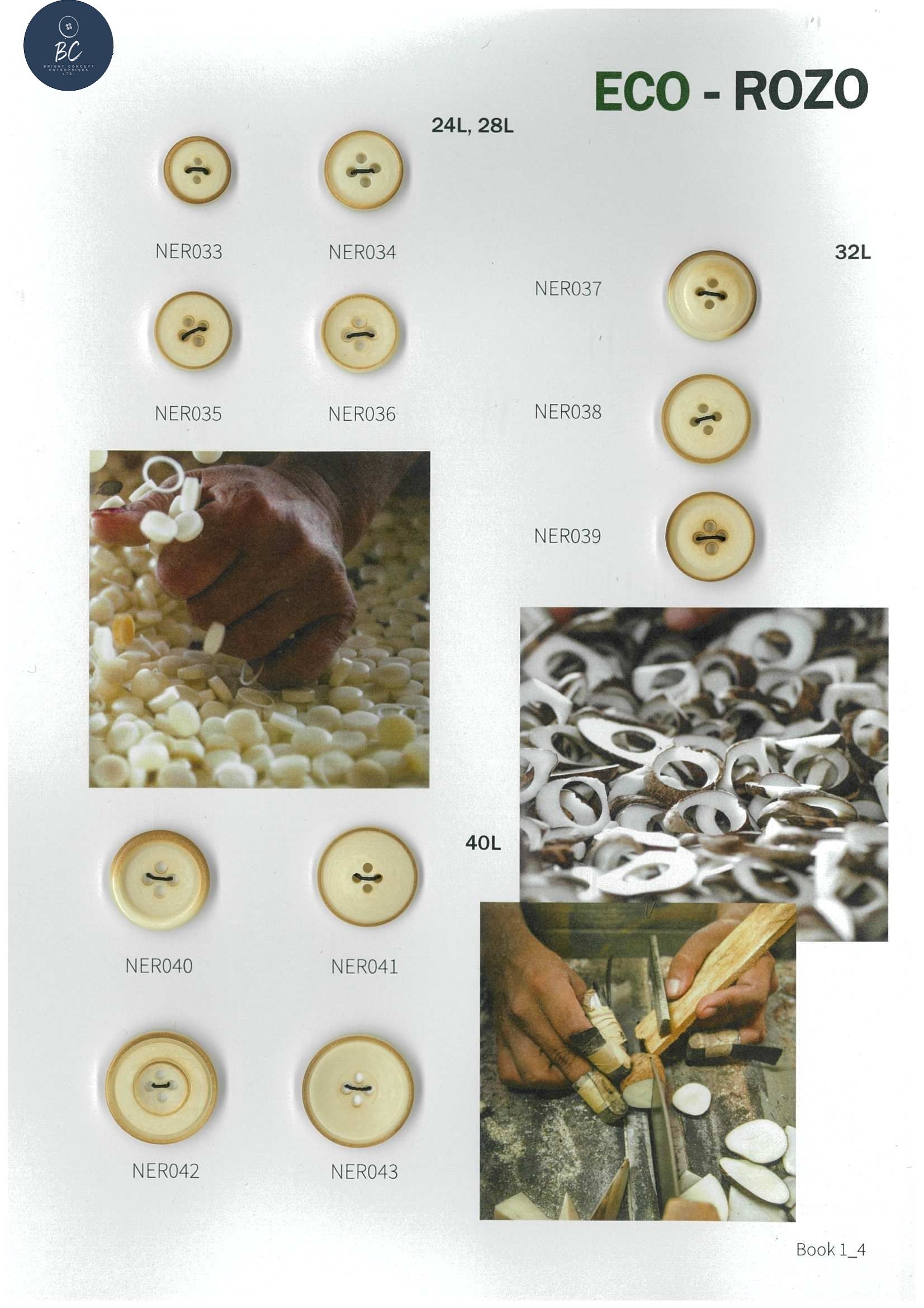 Eco-Rozo product board with seed/bean buttons and photos of shells and hands working with materials