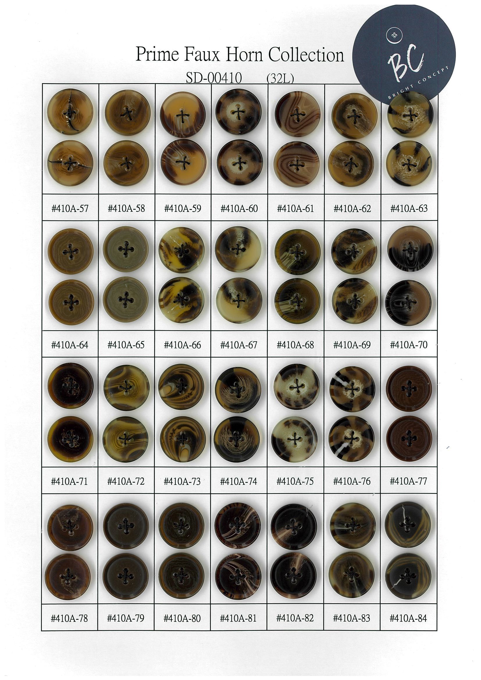 Grid of vintage horn buttons in brown, amber, and black, labeled as a collection sample sheet