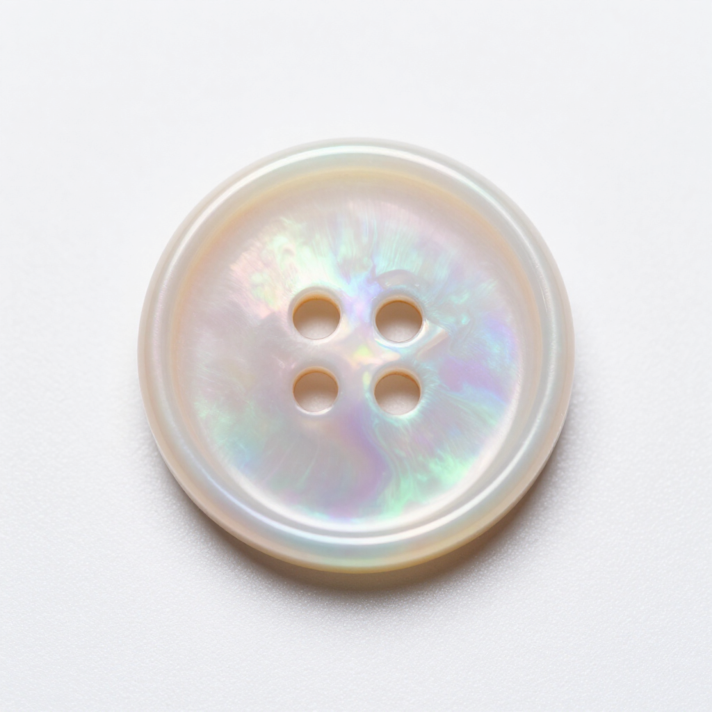 Pearl white four-hole button with iridescent sheen on a light background