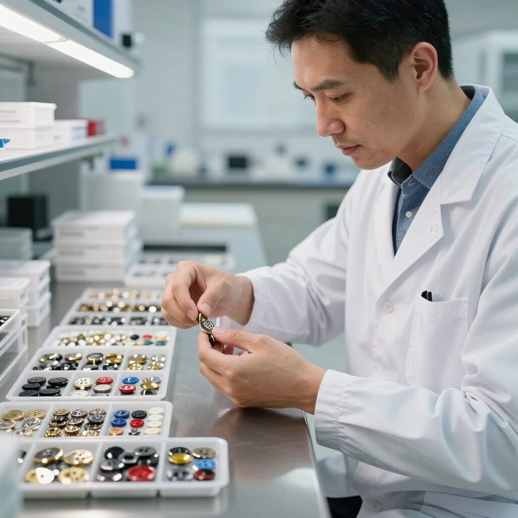 Lab technician in a white coat inspecting small components in a laboratory tray