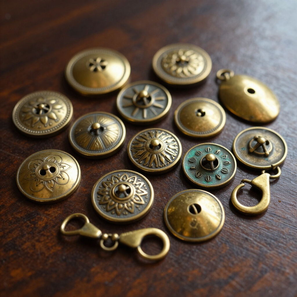 Assorted vintage metal buttons and clasps arranged on a wooden surface