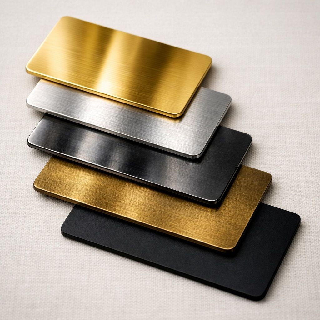 Stacked brushed metal plaques in gold, silver, black, and bronze on a light background