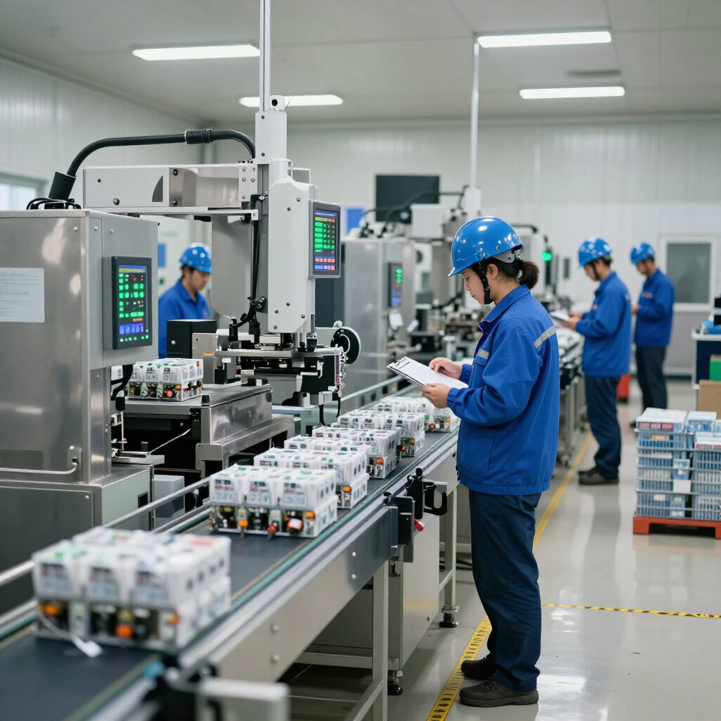 Factory workers in blue uniforms inspecting products on an automated assembly line