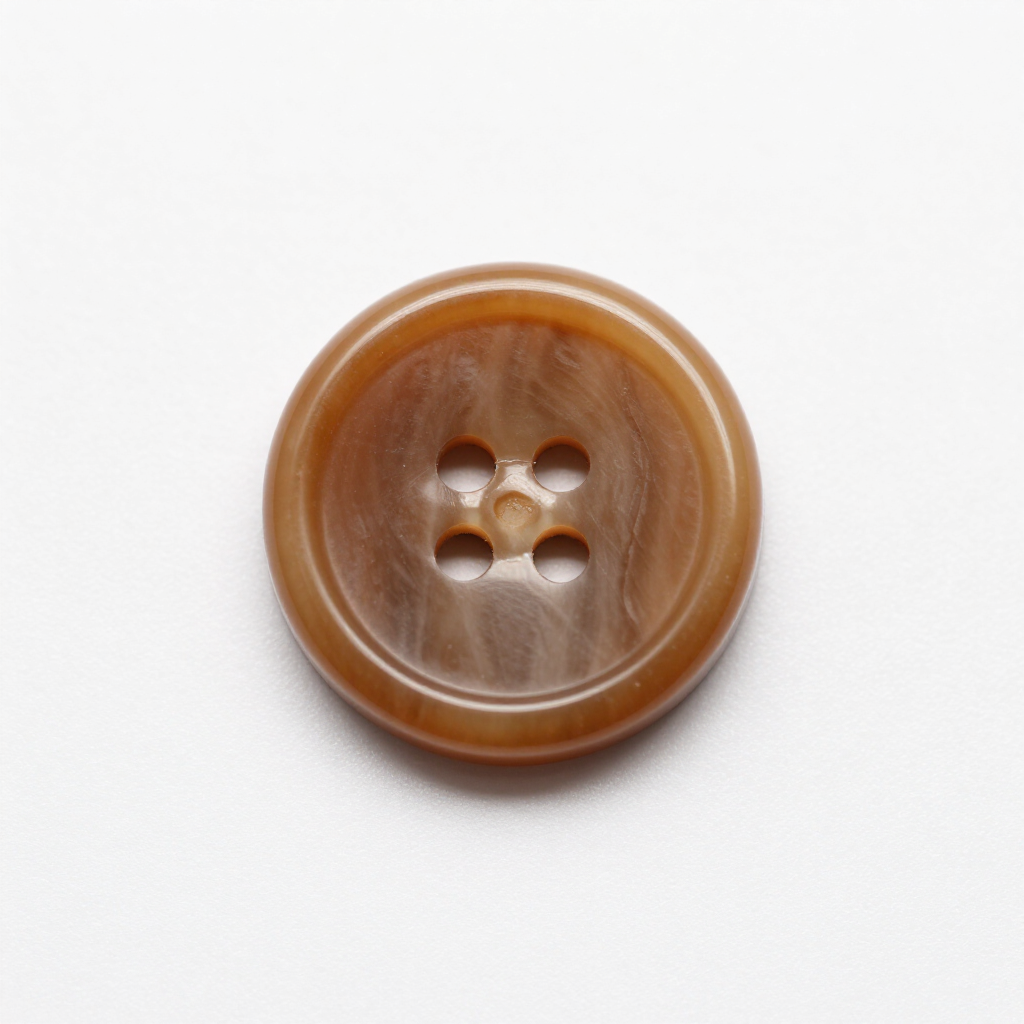 Close-up of a brown four-hole button on a white background