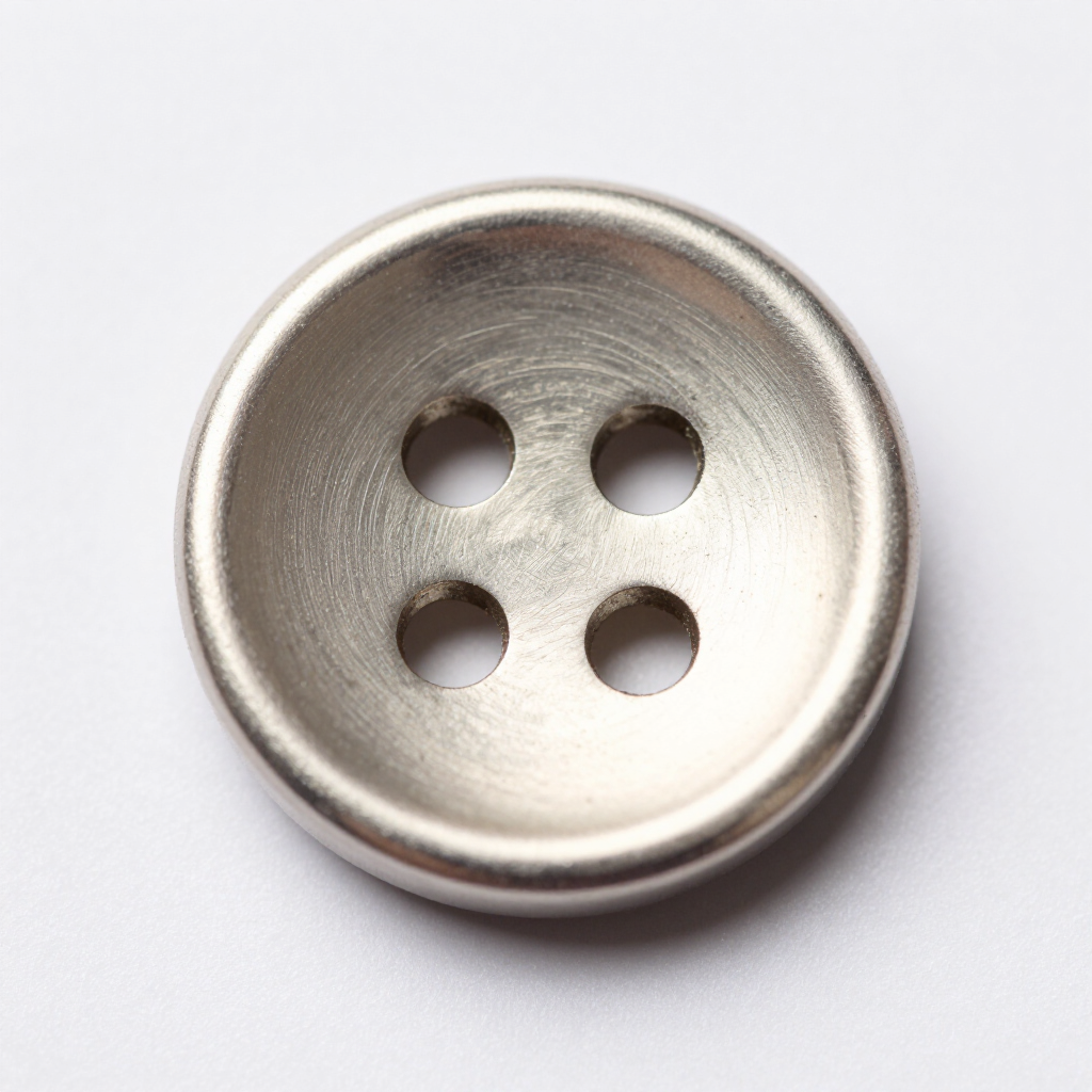 Close-up of a silver four-hole shirt button on a white background