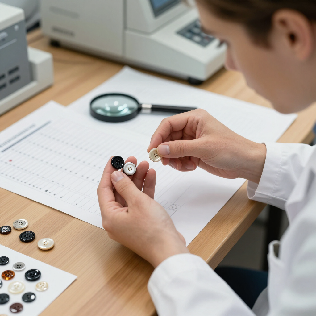 Person in a lab coat examining a small battery cell at a desk with tools and notes