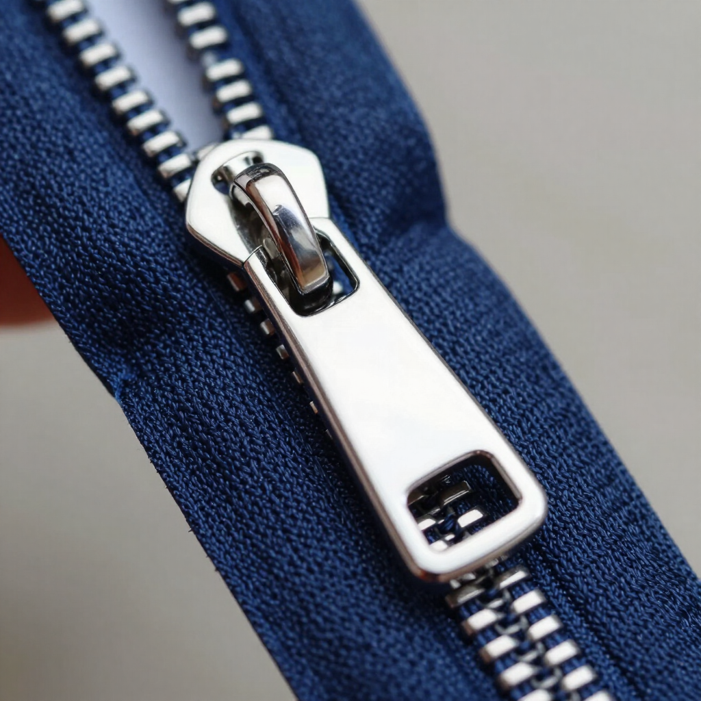 Close-up of a silver zipper on a dark blue jacket fabric