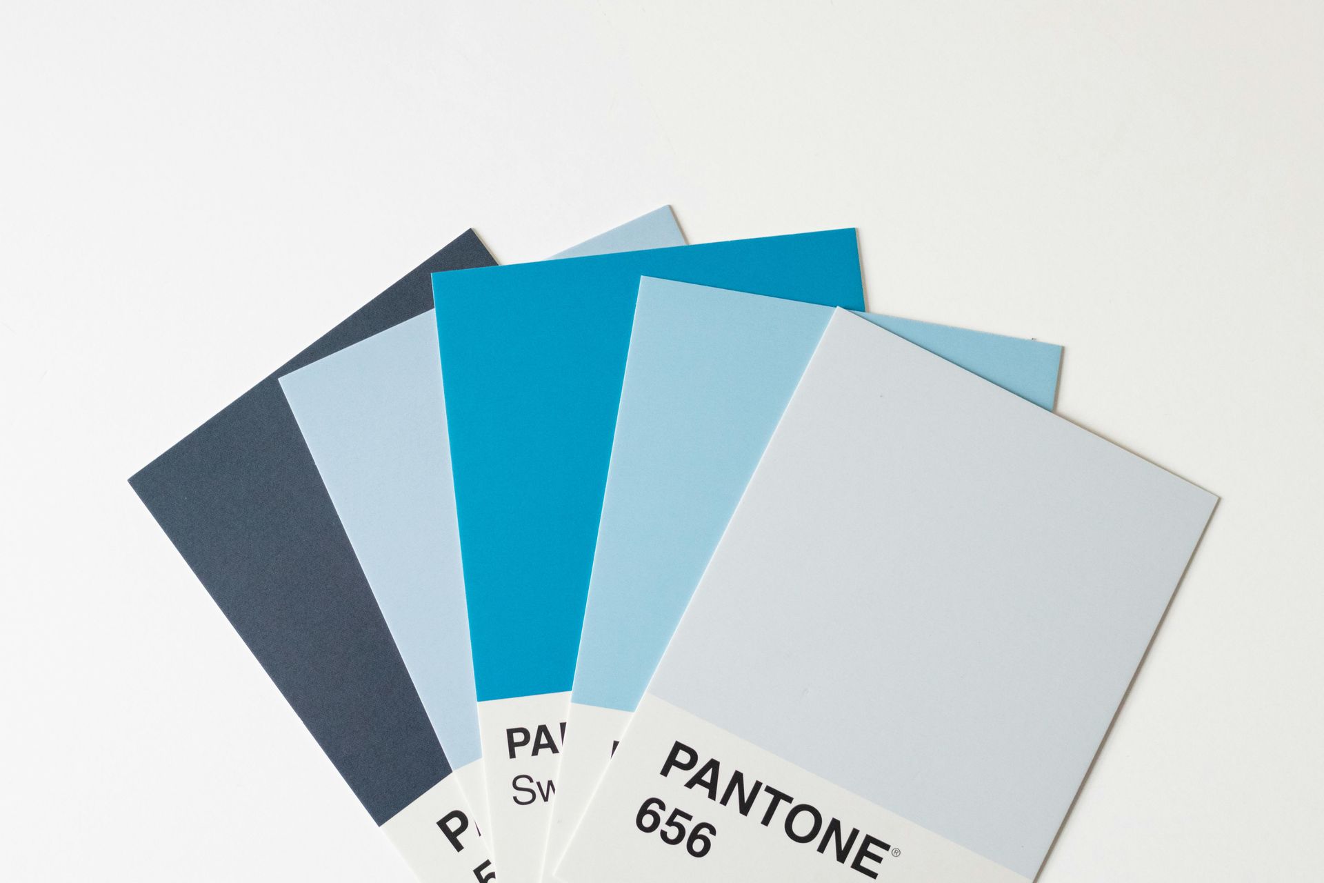 Fan of Pantone color swatches in shades of blue and gray