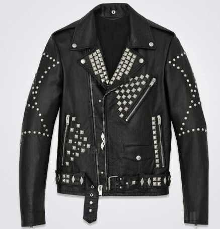 Black studded biker jacket with silver studs and zippers on a white background
