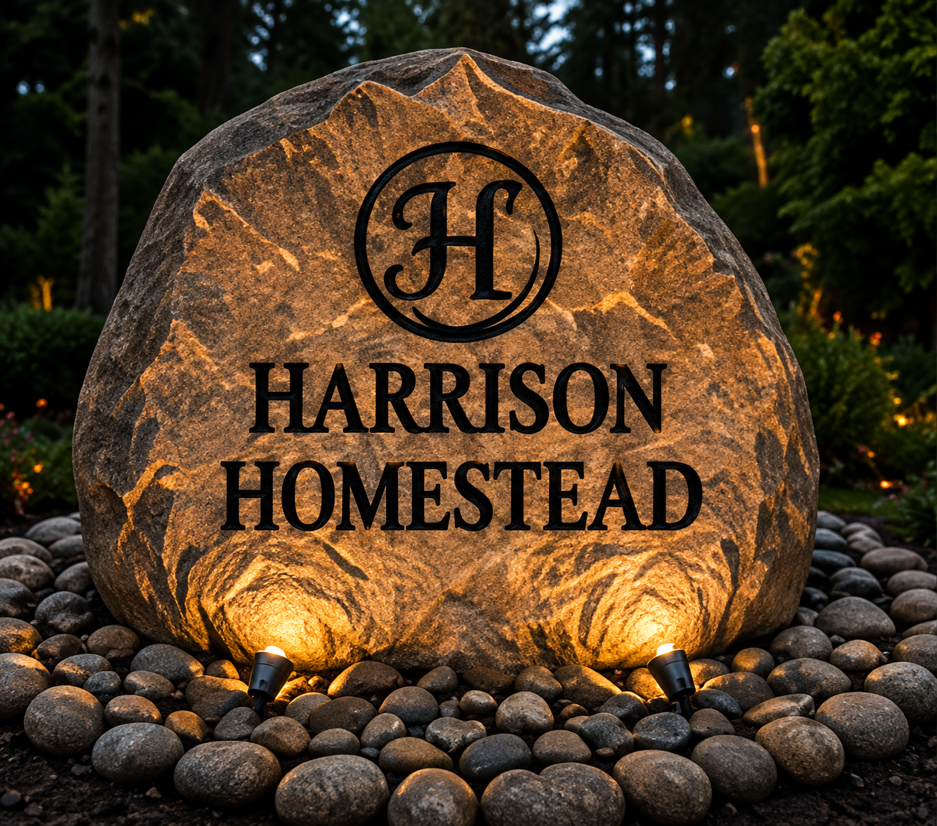 Backlit stone sign reading “HARRISON HOMESTEAD” in a landscaped rock garden at dusk