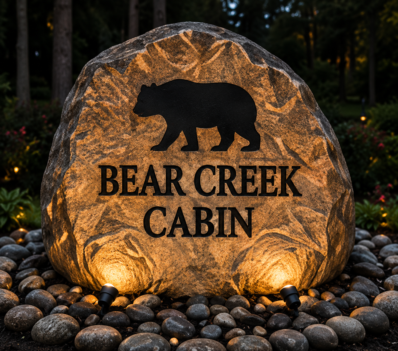 Illuminated stone sign reading “BEAR CREEK CABIN” with a bear silhouette in a wooded setting