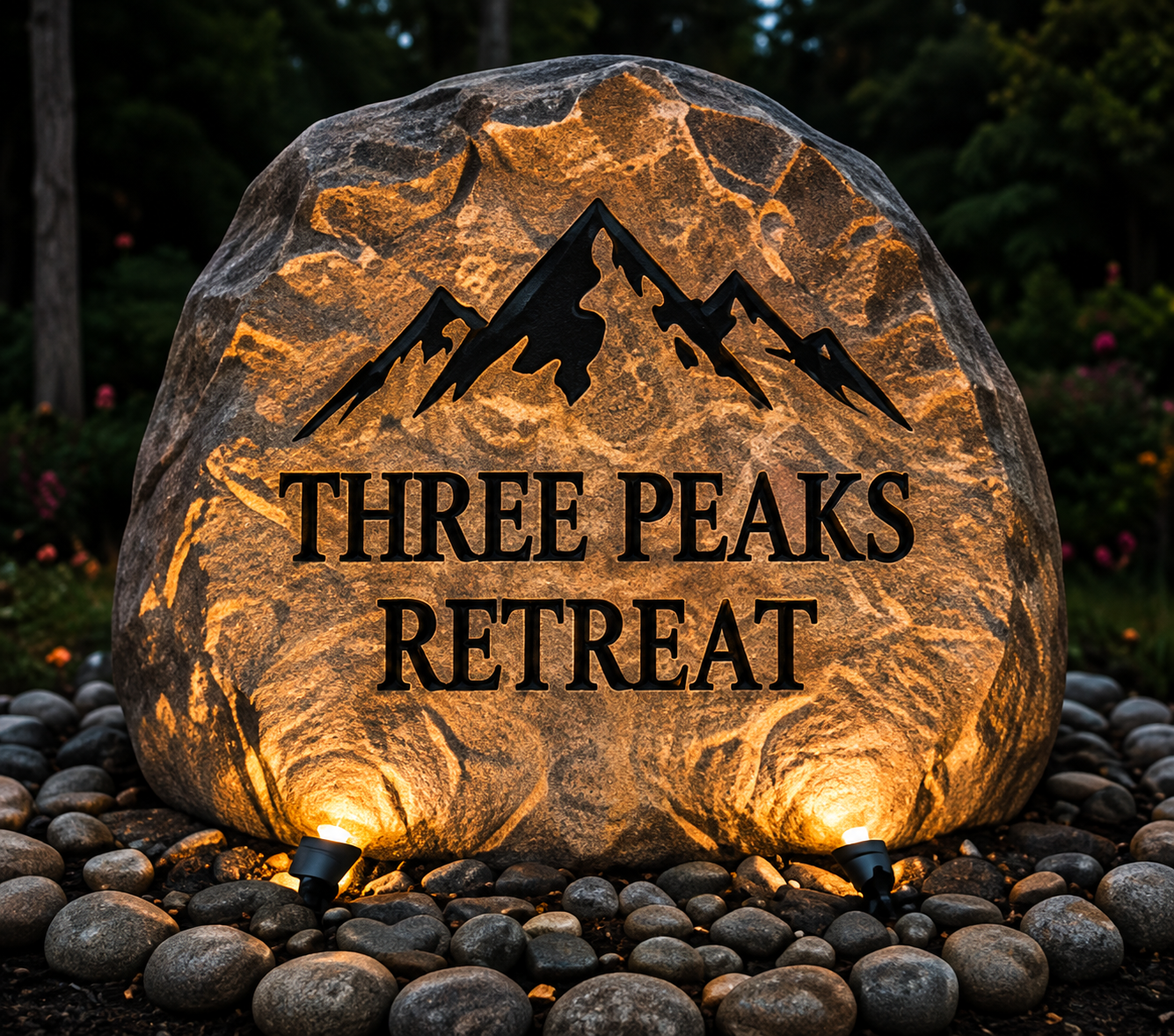 Stone sign lit warm orange, engraved with mountain logo and the words “Three Peaks Retreat”
