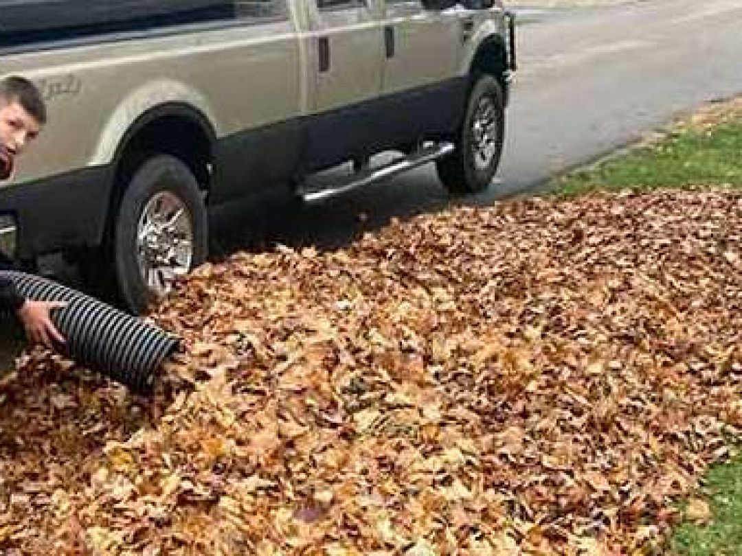 A person uses a corrugated black hose to vacuum a large pile of brown autumn leaves into the back of a beige truck.