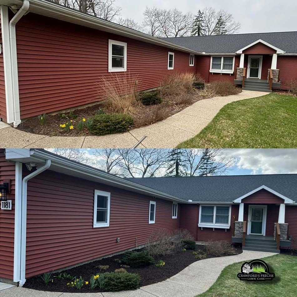 Before and after comparison of a home’s exterior, showing a refreshed garden bed with new black mulch.