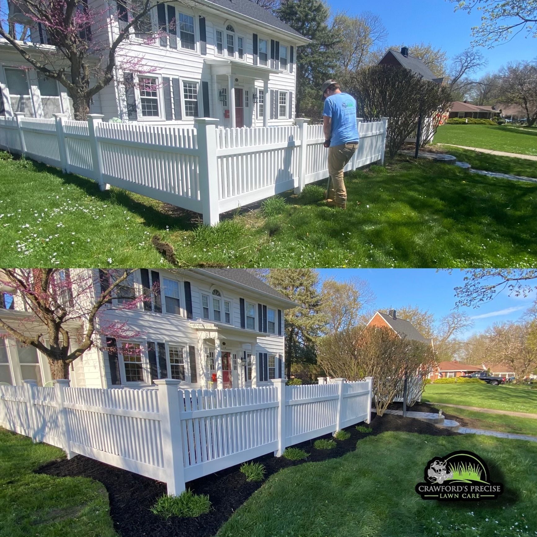 A before-and-after shot of a white picket fence installation with fresh landscaping and mulch around a house.