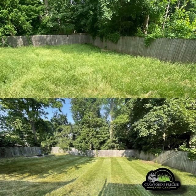 Before and after shot of a backyard showing tall, unkempt grass transformed into a neatly mown lawn with striped patterns.