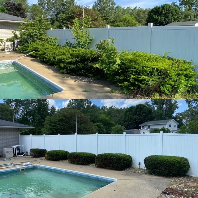 Before-and-after comparison showing an overgrown row of backyard bushes neatly trimmed alongside a white vinyl fence.