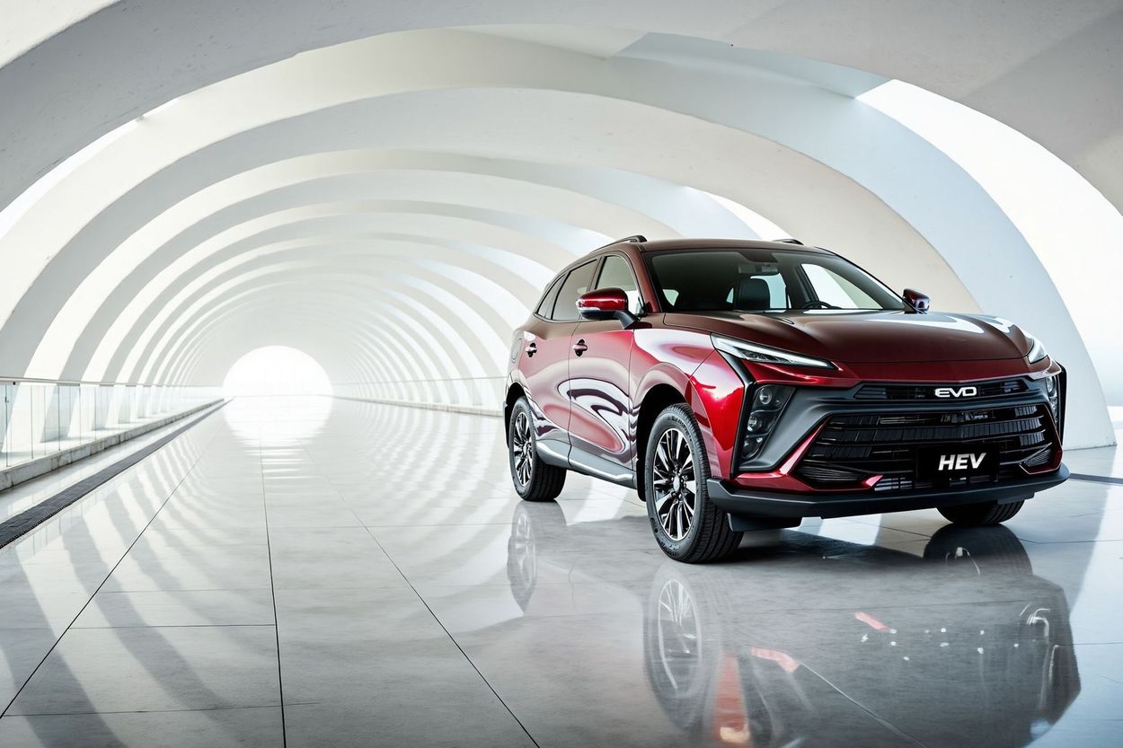 Un SUV rosso in un tunnel bianco brillante, con pavimento riflettente ed elementi di design futuristici.