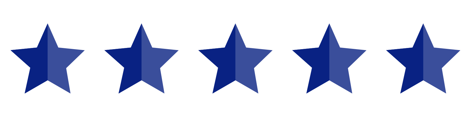 Five blue stars are lined up in a row on a white background.