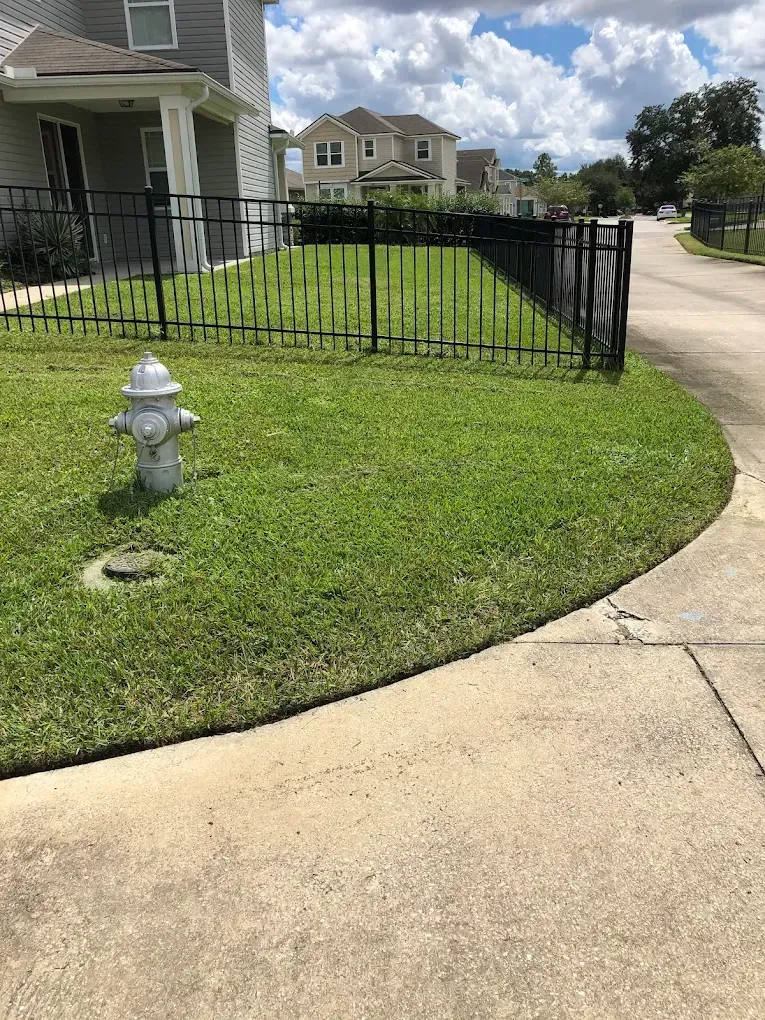 A fire hydrant is in the middle of a lush green lawn next to a fence.