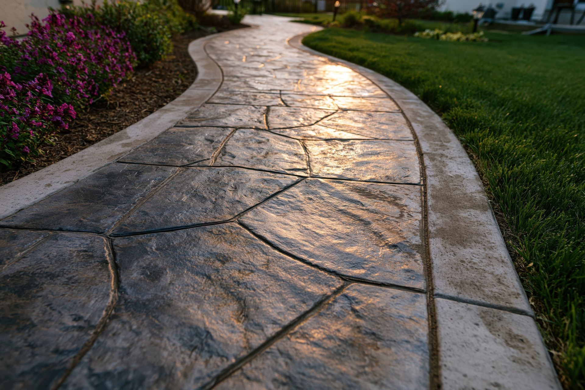 Sealed stone-look paver walkway winding through a landscaped garden at dusk Sealed stone-look paver walkway winding through a landscaped garden at dusk