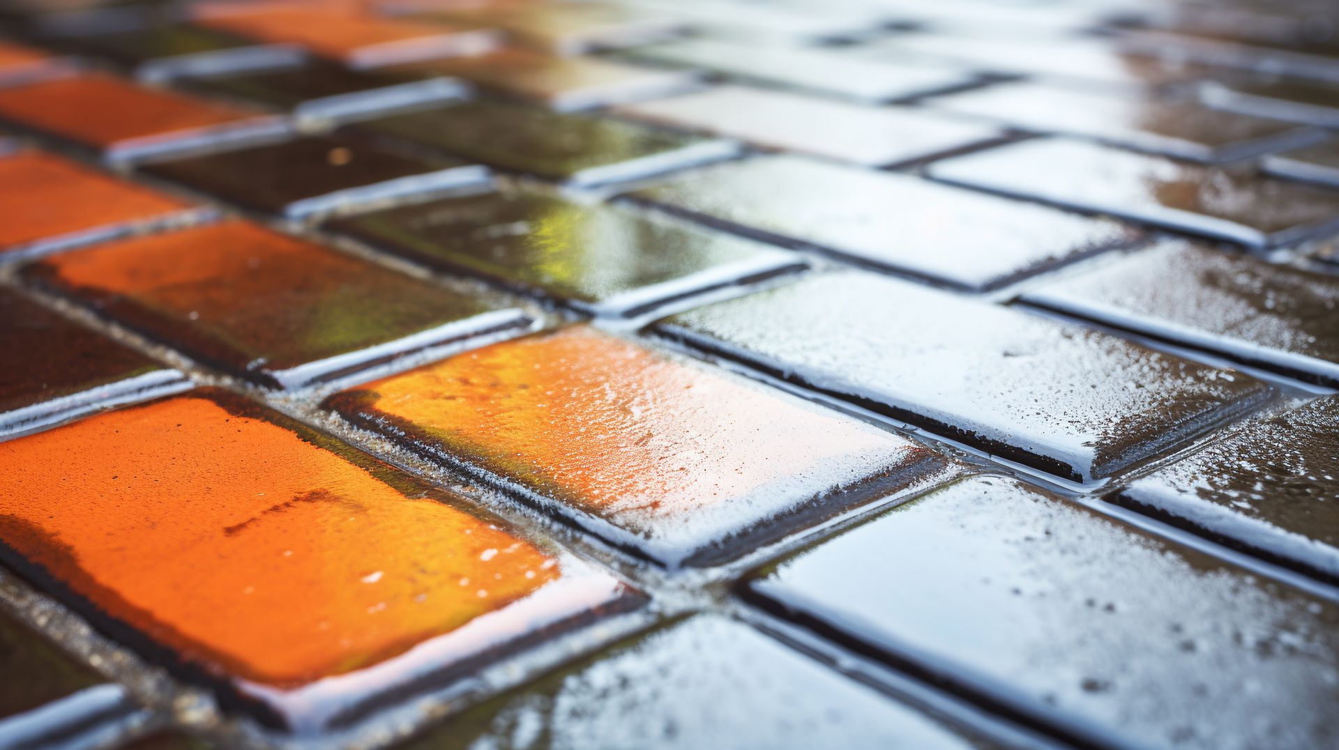 Close-up of freshly sealed multi-color pavers with a glossy, protective wet-look finish Close-up of freshly sealed multi-color pavers with a glossy, protective wet-look finish