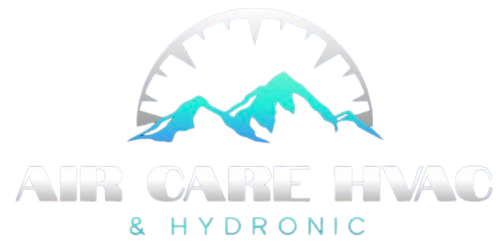 Logo for Air Care HVAC & Hydronic: mountains under a compass in blue, turquoise, and gray.