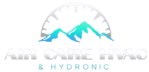Logo for Air Care HVAC & Hydronic: mountains under a compass in blue, turquoise, and gray.
