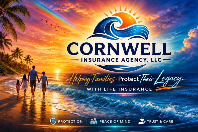 Cornwell Insurance Agency logo over sunset beach scene with family, palm trees, and slogan about protecting legacy