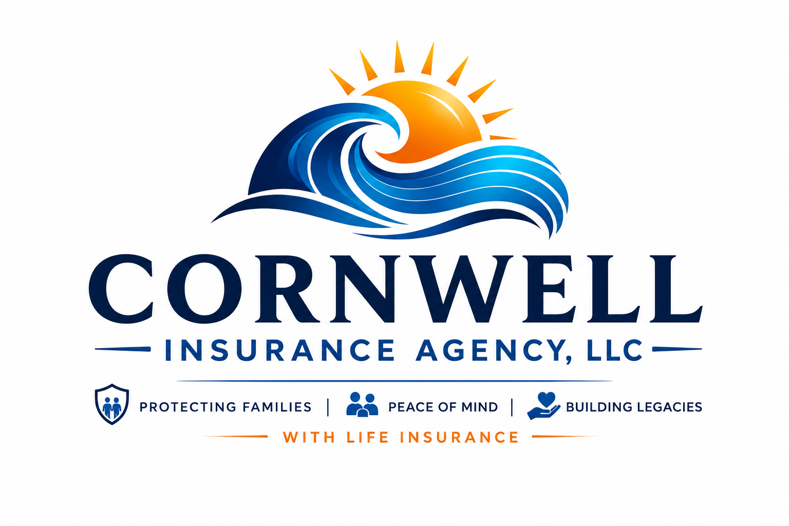 Cornwell Insurance Agency LLC logo with blue wave and orange sun, plus life insurance icons and text