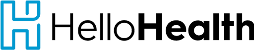 The hello health logo is blue and black on a white background.