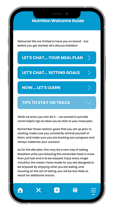 A screenshot of the nutrition welcome guide app on a cell phone.
