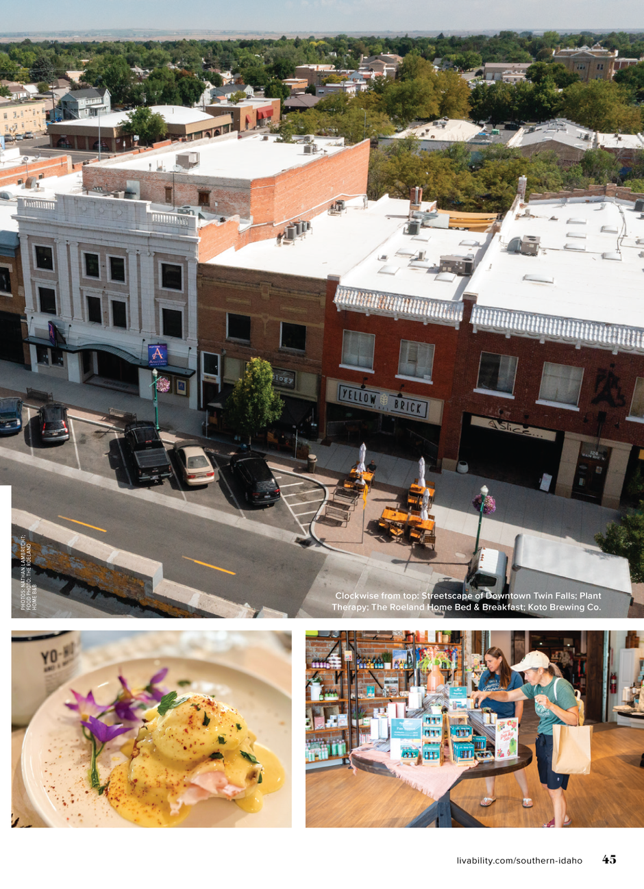 A collage of photos shows a city street , a plate of food , and a woman shopping.