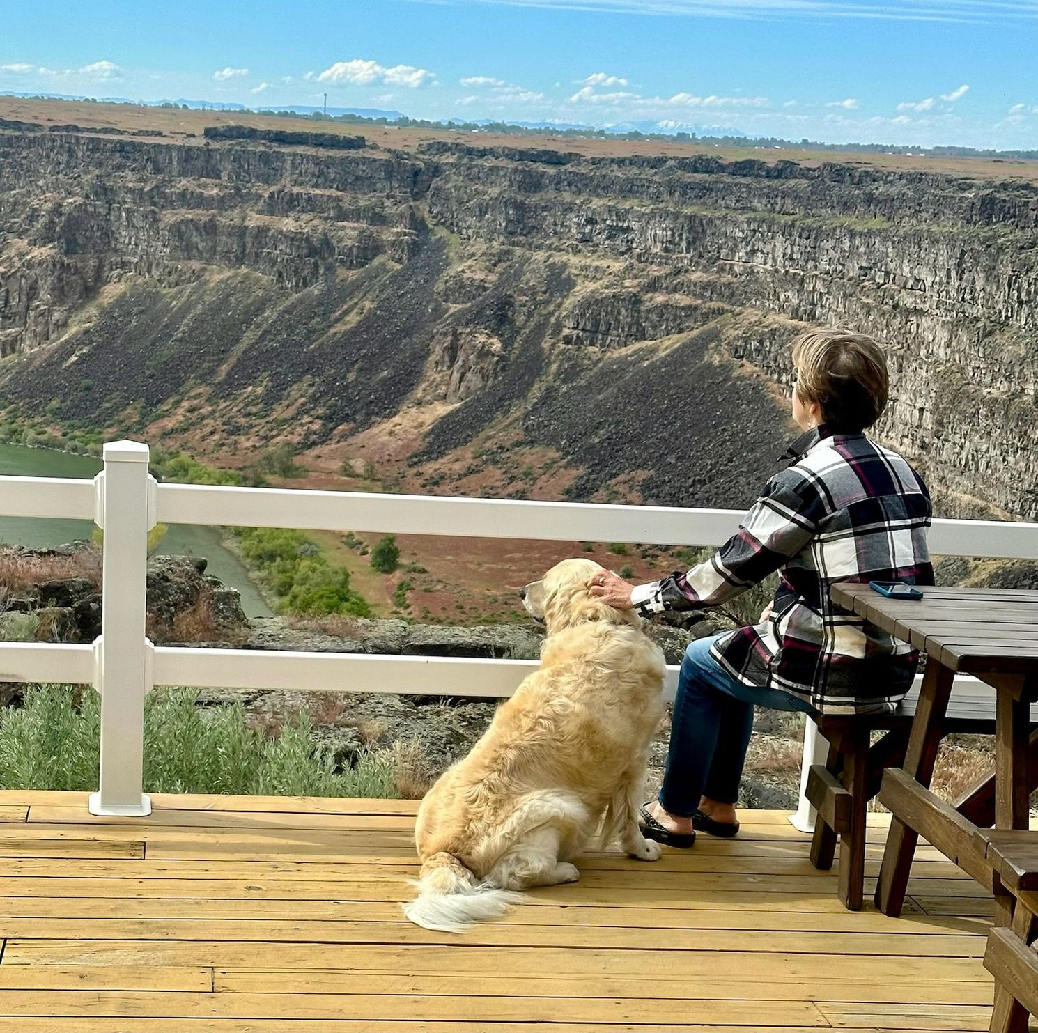 Person petting a golden-colored dog on a wooden deck overlooking a canyon.