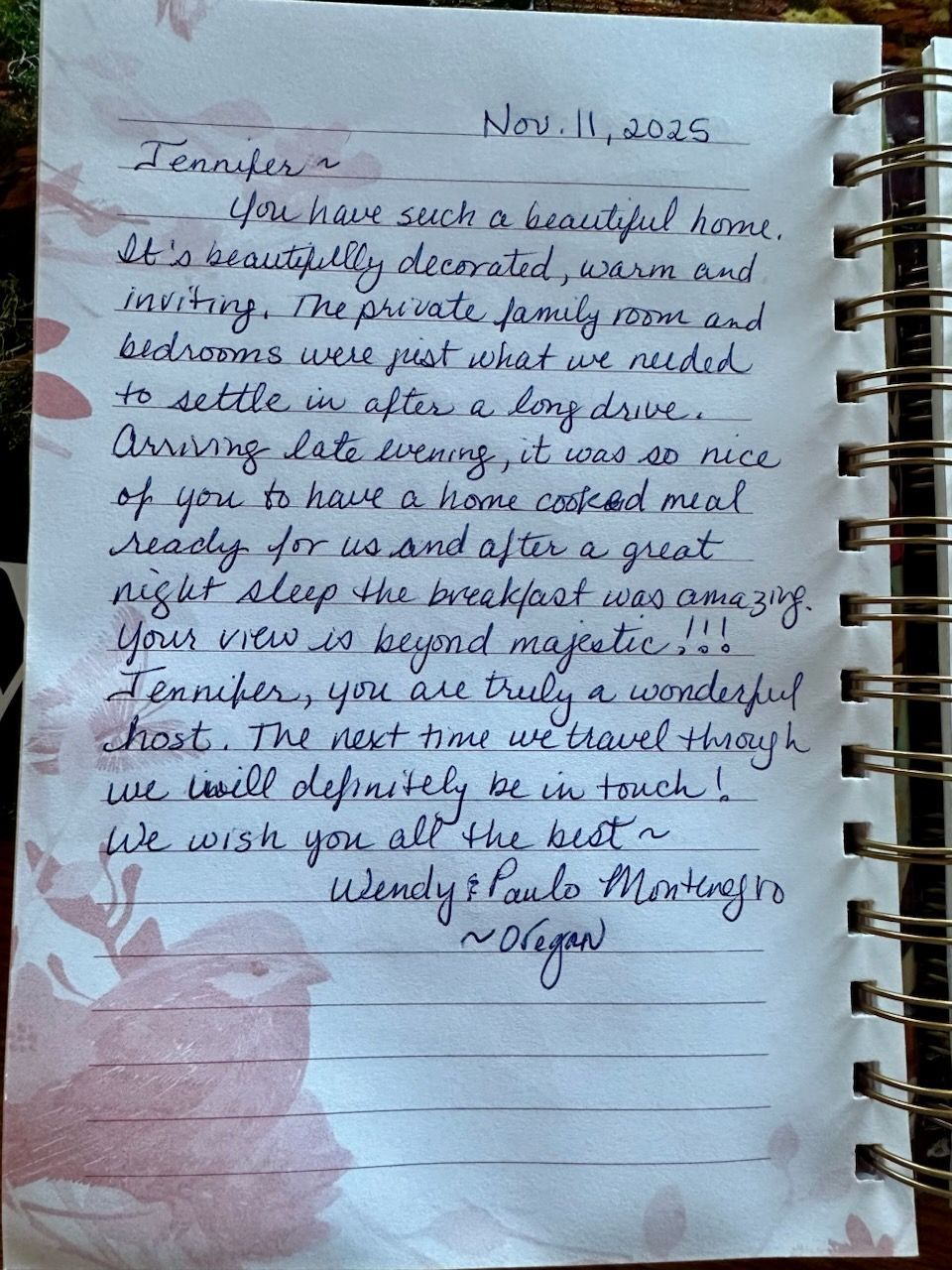 Handwritten note to Jennifer: complimenting her home, family room, and breakfast. Signed by Wendy, Paulo, and Oregon.
