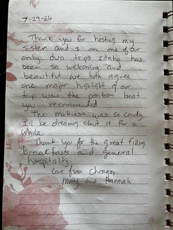 Handwritten thank-you note on lined paper, dated 7-29-26, with a small plant doodle at the bottom.
