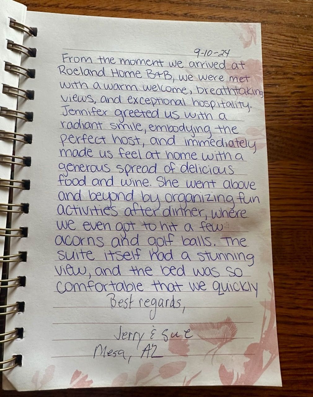 Handwritten note from Jerry & Sue in a journal, describing a pleasant experience, likely a vacation in Orem, AZ.