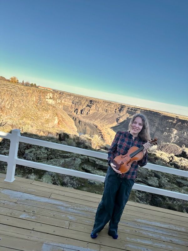 Person holding a violin on a wooden deck overlooking a canyon at sunset
