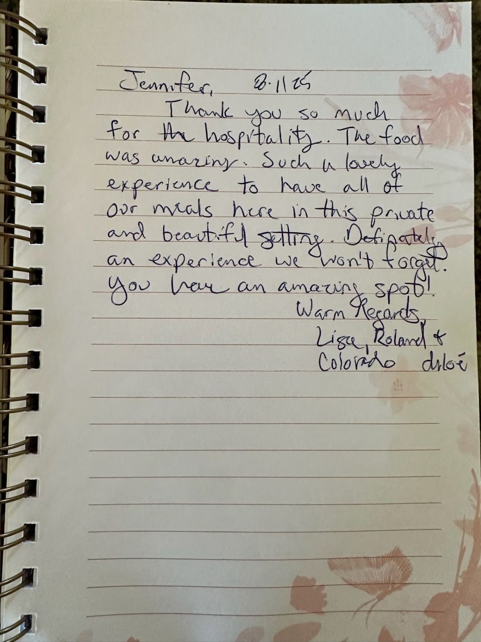 Handwritten note on lined paper, thanking