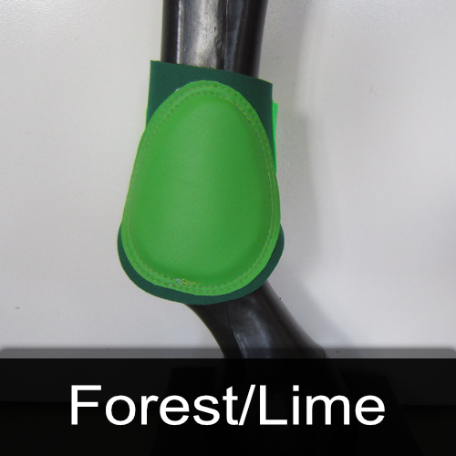 A green boot on a horse leg with the words forest / lime below it