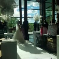 Wedding ceremony in a sunlit glass-walled venue, with a bride in white and guests seated nearby.