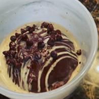 Ice cream dessert with chocolate syrup and red berries in a white bowl