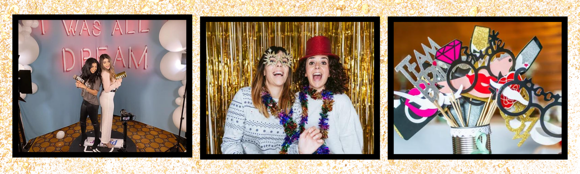 Three-panel collage of two people posing at a party, with a colorful dessert table in the third panel.
