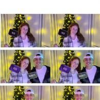 Six-panel collage of two people in front of gold curtains, smiling and holding signs under warm lights
