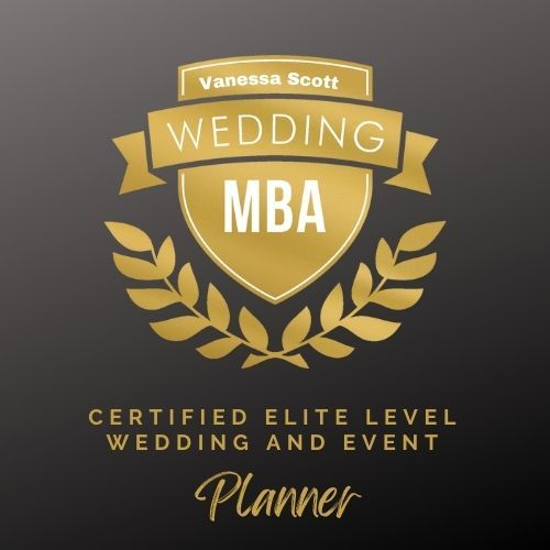 Gold wedding planner logo with laurel wreath, “Vanessa Scott,” “WEDDING MBA,” and “Certified Elite Level Wedding and Event Planner”