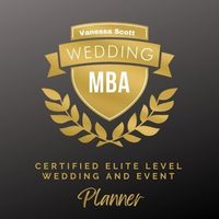 Gold wedding and event planner logo with laurel leaves and “Vanessa Scott Wedding MBA” text