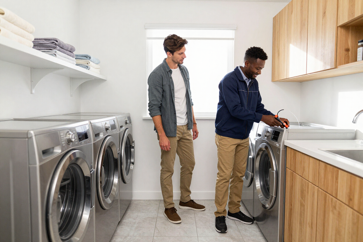 Two people inspecting washing machines in a bright laundry room with white cabinets and wood counters