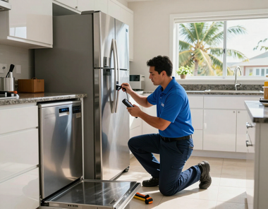 Technician kneels beside a stainless steel refrigerator, inspecting the door in a bright kitchen.